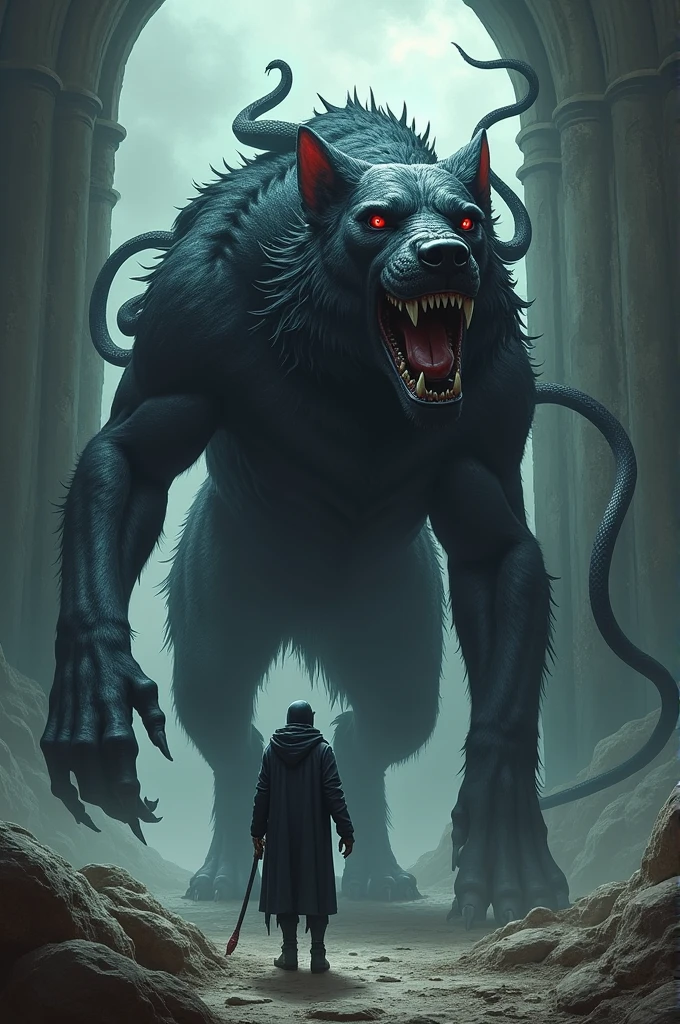 Create a chilling image of Jubaku no Kusari Oni, a demon yokai bound by chains. The chains are tipped with blades that slice through anything in their path. The setting should be a dark, crumbling fortress or a shadowy, cursed battlefield, highlighting its bound and deadly nature.