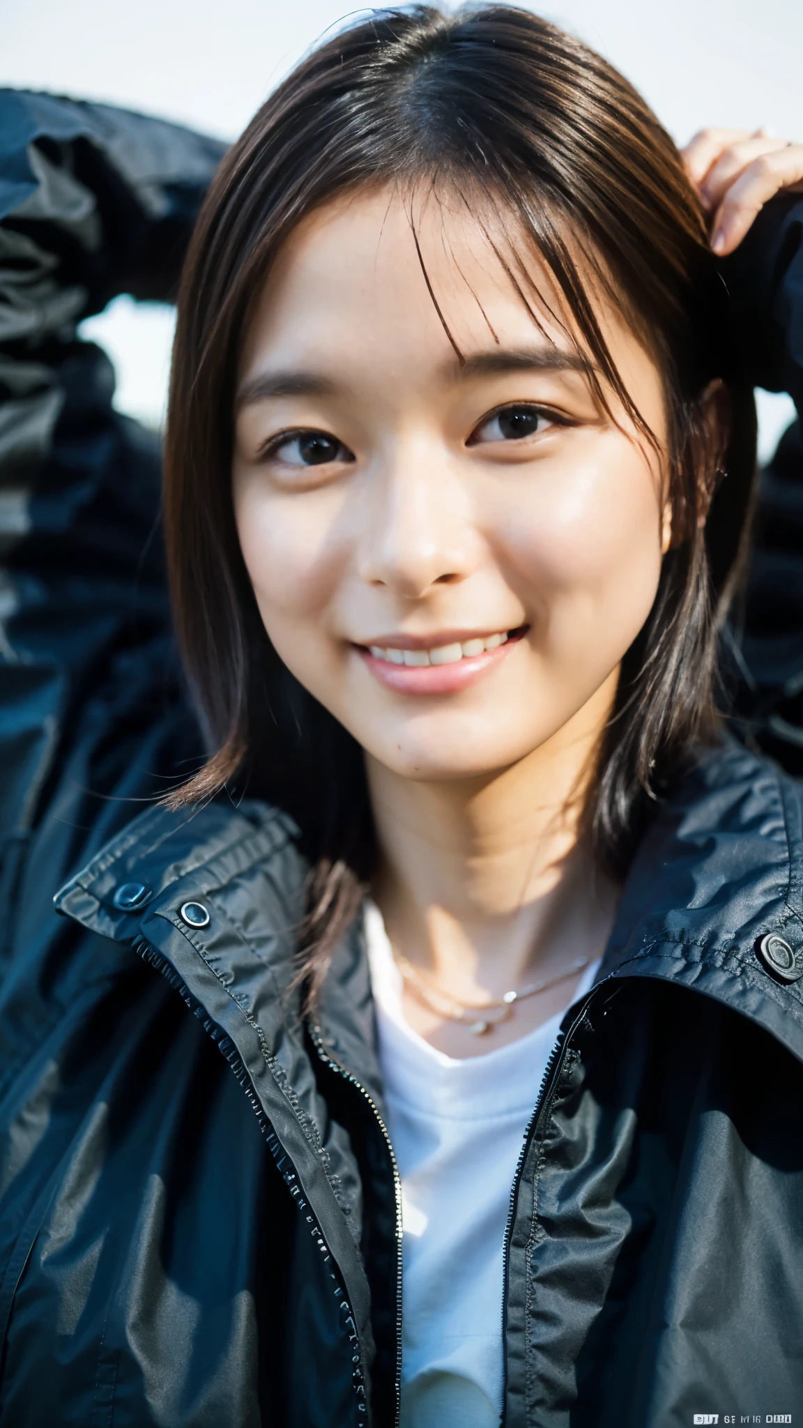 Best Quality,masterpiece, super high definition, High Definition RAW Color Photo ,Professional photos, Natural creased texture ,Fine skin, hyperrealism , Japanese Women, Black Hair Shortcut Hair ,(face focus,Close-up of face,arms behind back,Cute smile,((black puffy jacket))),(gigantic breast)