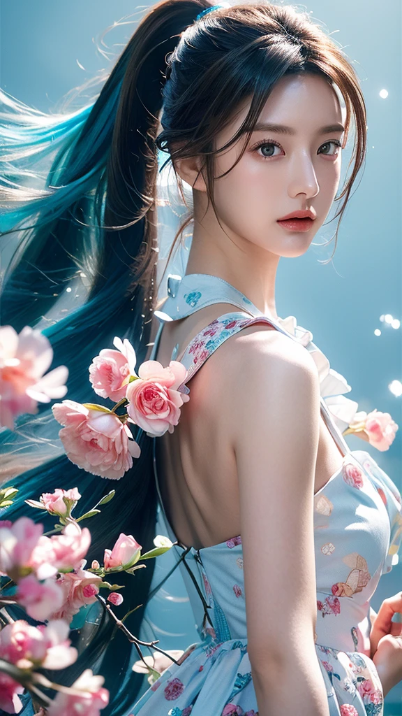 (masterpiece), (best quality), (ultra detailed),(disheed hair),(illustration), (1girl), (Fashionable clothing), standing, Fashion model, looking at viewer, (interview), (simple background), Beautiful detailed eyes, delicate beauty, floating, (high saturation), (colorful splash), colorful bubbles, (shine), focus on the face, ponytail, Ayaka Kamisato, light blue hair, bangs, scrunchies, floating flowers, flowing hair, (shiny), best lighting, best shadows, perfect hands