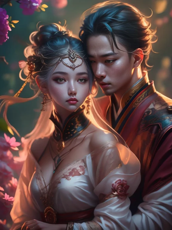 (Best Quality, Super Detail, Masterpiece, Representative Work, Official Art, Professional, Super Fine Detail, 8k:1.3), (photorealism:1.2), (Couple, Beautiful Girl and Boy), A couple in the sea of flowers, Handsome guy hugs beautiful girl from behind, Smiling and Wearing White Clothes, Delicate Hair, Chinese Beauty and Handsome Man, Wearing Ancient Chinese Clothes, Flowing Tulle, Light Silk, Create a movie poster similar to those used in Chinese romantic fantasy dramas, Correct proportions, Perfect face, perfect hands, Sweet atmosphere, Photorealistic, Sharp Focus, Dreamy Atmosphere, Delicate Details, Soft Volumetric Light, (Backlight:1.3), (Cinematic:1.2), Intricate Details, (ArtStation:1.3)