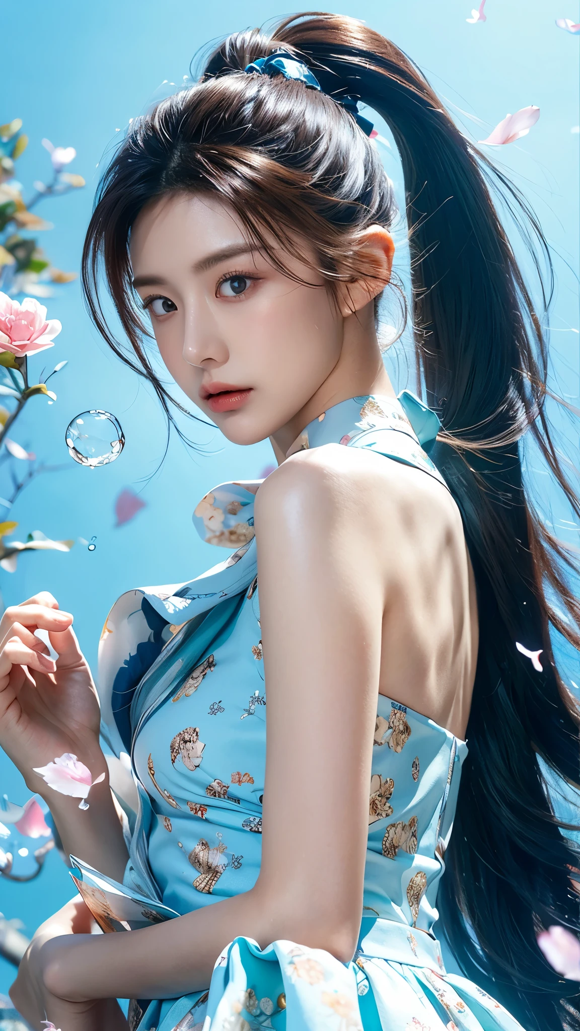 (masterpiece), (best quality), (ultra detailed),(disheed hair),(illustration), (1girl), (Fashionable clothing), standing, Fashion model, looking at viewer, (interview), (simple background), Beautiful detailed eyes, delicate beauty, floating, (high saturation), (colorful splash), colorful bubbles, (shine), focus on the face, ponytail, Ayaka Kamisato, light blue hair, bangs, scrunchies, floating flowers, flowing hair, (shiny), best lighting, best shadows, perfect hands