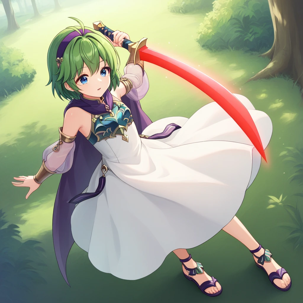 score_9, score_8_up

(masterpiece), best quality, expressive eyes, perfect face, perfect hands, perfect fingers, perfect anatomy, detached sleeves, white dress, green hair, sandals, ninoss, purple cape, vambraces, hair ornament, see-through sleeves, blue breastplate, antenna hair, purple hairband, blue eyes, short hair, forest background

blutgang, curved sword, red aura sword, magical blade, floating sword, red glowing weapon