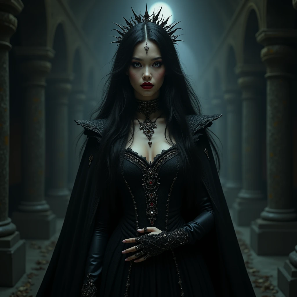 ((masterpiece, 8K, best quality, high resolution:1.3)), (a vampire with very pale skin:1.2), (her lips are black:1.2), (she is adorned with jewelry:1.2), (her body is very attractive and sensual:1.2), (her eyes are intensely red:1.2), (she is wearing a black Victorian-era dress with a deep neckline:1.2), (she is in a corridor of a medieval castle:1.2), (the floor is completely covered with human skulls and she is stepping on them:1.2), (it is nighttime and the only illumination comes from torches fixed on the castle walls:1.2), (full-body shot:1.2), (Canon EOS 5DS R camera, perfect for capturing the detail and beauty of the scene:1.2), (paired with the Canon EF 24-70mm f/2.8L II USM lens:1.2), (the scene is illuminated with dramatic, flickering torchlight:1.2), (her confident and alluring pose showcasing her dark elegance:1.2), (a moment frozen in time, capturing the essence of gothic horror and mystery:1.3), (ultra photorealistic, highlighting her features and the eerie castle setting:1.3), (an image that transports viewers to a haunting and captivating moment:1.2), (a scene that exemplifies the beauty of the supernatural in a medieval context:1.2), (sfw), Cinematic, Hyper-detailed, insane details, Beautifully color graded, Cinematic Lightning, Insanely detailed and intricate, Hyper maximalist, Volumetric, Full color, HDR, shallow depth of field, high budget Hollywood film, cinemascope, moody, epic, gorgeous