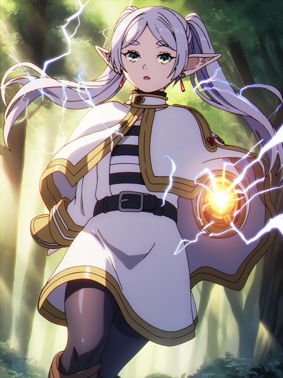 1girl, sfrieren, solo, elf, pointy ears, silver hair, white hair, green eyes, BREAK
robe, black pantyhose, brown boots, belt, capelet,,, , BREAK
, (electricity aura:1.4), (electricity around the body:1.4), Beam of electricity from finger, forest   , BREAK
score_9, score_8_up, score_7_up, score_6_up, anime,
(high quality, detailed, beautiful), shiny, detailed beautiful eyes, outstanding, countershading, detailed soft lighting