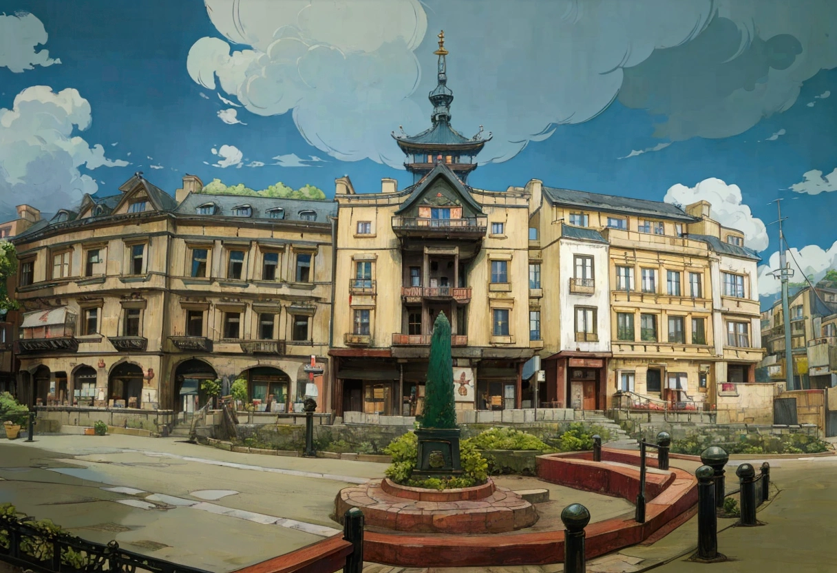 Old city, studio Ghibli, European building, anime illustration, hayao Miyazaki style, street in central