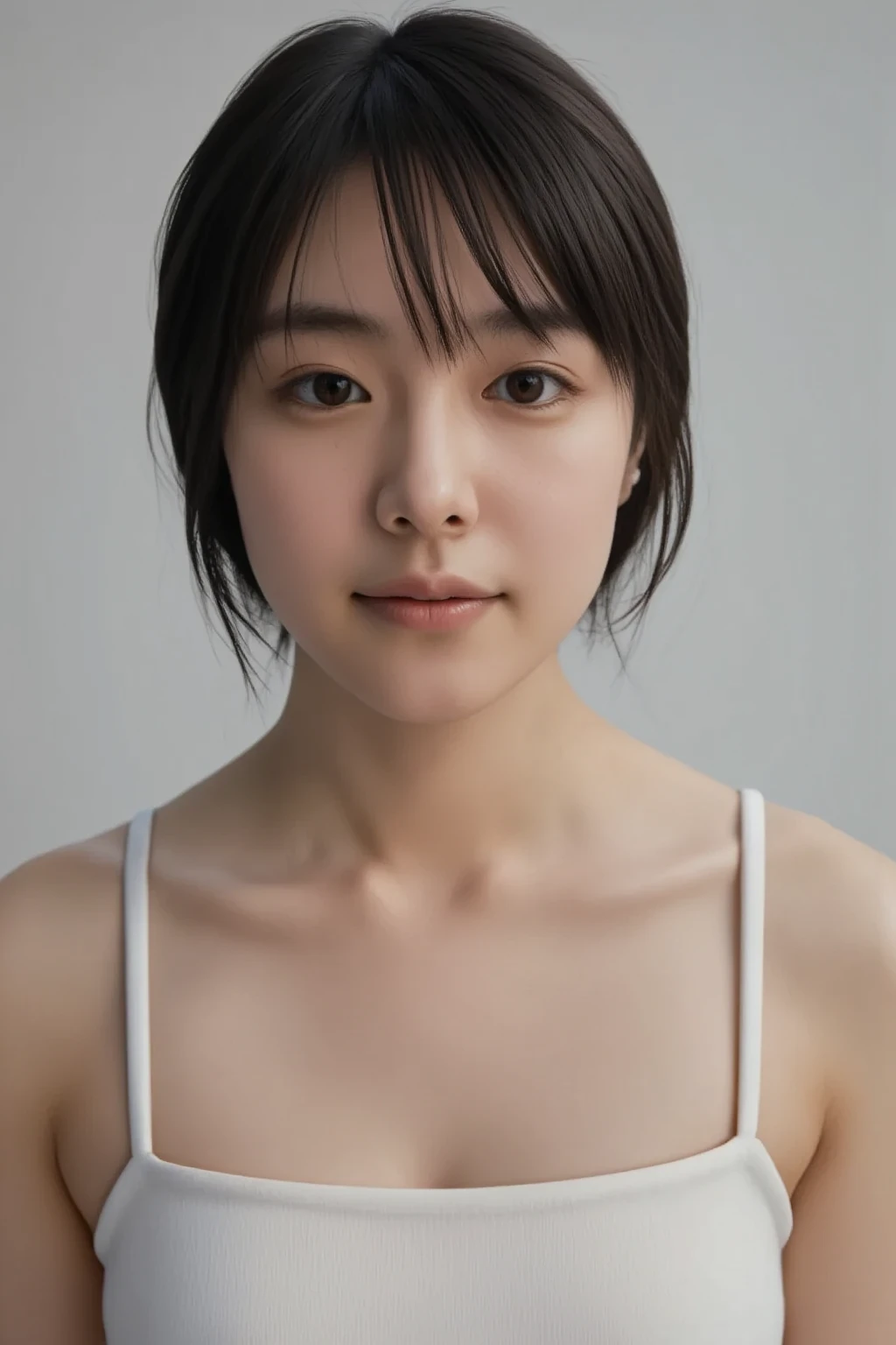 (((Make a heart shape with your hands:10.5,  smile:2.1)))、 (RAW Photos、8k、32K、masterpiece、Realistic、  Photorealistic:1.37)、Cute Japanese women images、Photographed in natural light、  upper body、 1 girl、Photo Mapping、 Physically Based Rendering、Excellent image quality、  High Resolution  、1080P、(Detailed CG)、Rich details、(Detailed eyes)、 I'm looking forward to your eyes、Delicate clavicle、非常にリアルで詳細な若い女性の  upper bodyポートレート。The skin is beautiful、Soft light is reflected in the high part of the cheek、 Tiny pores and hair follicles、 Even the tiniest blood vessels are visible, The skin is smooth、Natural flushing of the cheeks、Gives a healthy glow, Eyes are big, clear, rainbow colored、 The iris has fine patterning、 Light is reflecting and shining in the eye。 There is a slight shadow under the eye、 Her eyelashes are long and naturally curled。 her lips are soft pink 、 Smooth texture and natural glow、Reflects light slightly ,  the woman is wearing a simple thin camisole、 The background is a pale monochrome gradient、焦点は完全に顔と  upper bodyに当たっている、Realistic shadows and textures、Photographic depiction