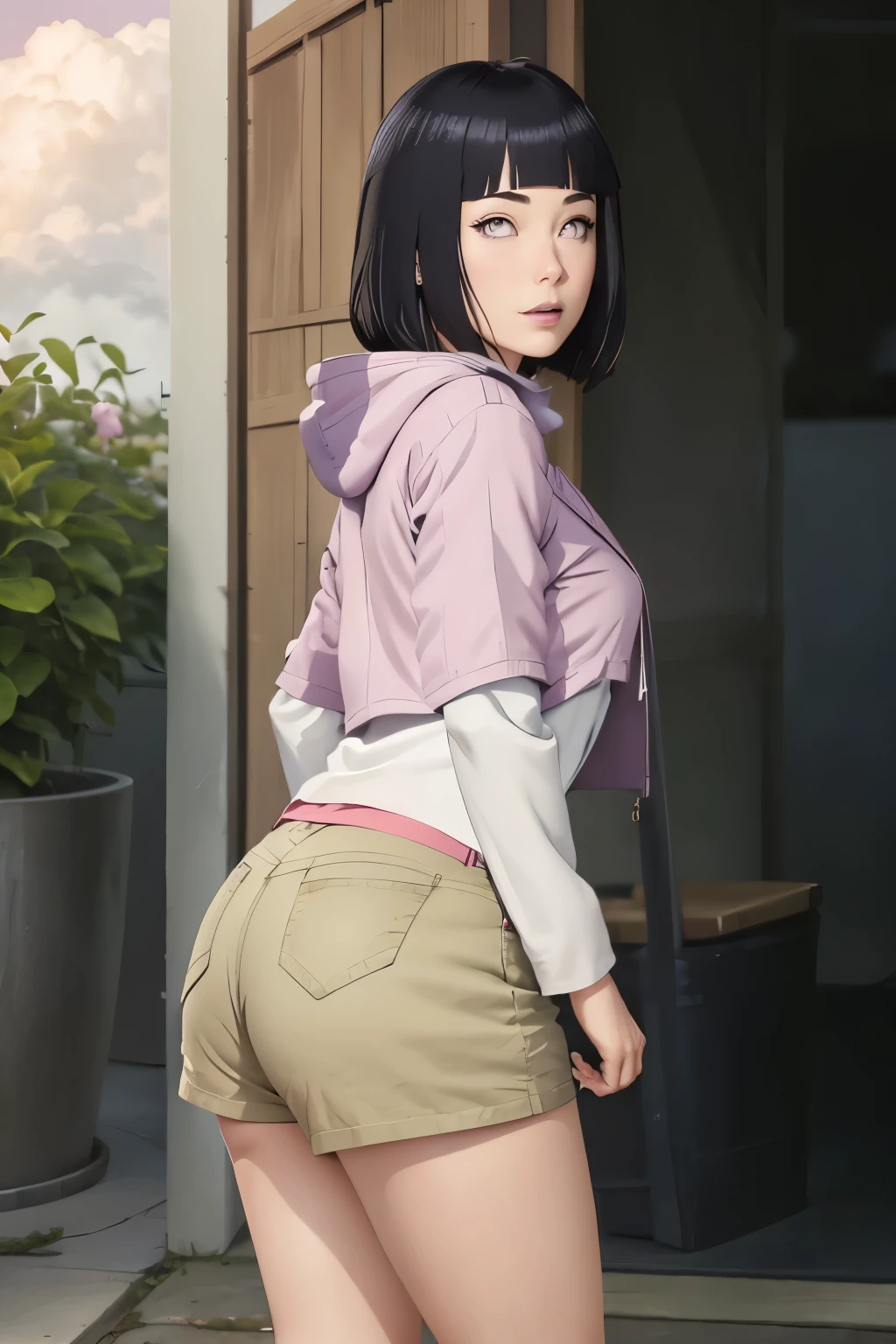 part master, absurdities, Hinata\(boruto\), 1 girl, Alone, mature woman, Purple hood, layered sleeves , brown jeans, outdoor, cloudy sky, Perfect composition, circumstantial lips, big chest, Pretty face, body proportion, Blush, (pink lips), short black hair (by black), lilac eyes, soft appearance, super realistic, circumstantial, photo session, realistic face and body, Realistic hair, realistic eyes, realistic nose, realistic lips, brown jeans, excited, Dancing lightly. on your back, with the chin under the shoulder, looking back sensually, sensual smile, Mouth closed. different pose, Sensual.