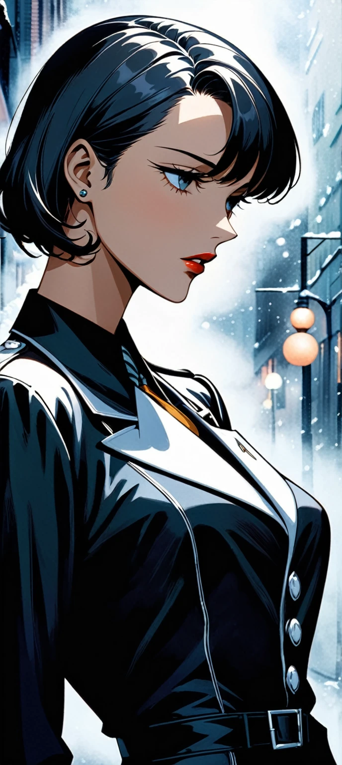 a beautiful young supermodel woman, lean body, bob hair cut, detailed face, (closeup:1.2), gorgeous, undercover agent, (wearing a retro dress:-0.3), city street, (1940s style:1.2), snowy, retro style, aesthetic, night, dim light, retro lighting, gangster, inside a nightclub, smoky foggy background