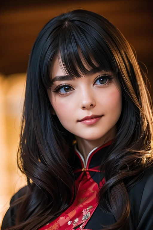 Super detailed、Japanese、charming beauty、seductive adult woman、Beautiful woman、sharp eyes、cool girl、wavy hair、flowing bangs、long black cheongsam、wide sleeve、Evil executives、evil depravity、brainwashing、Mind control、apply lipstick、grin、Evil expression、evil、empty eyes、evil、stage、vampire、vampire、Hypnosia makeup brush