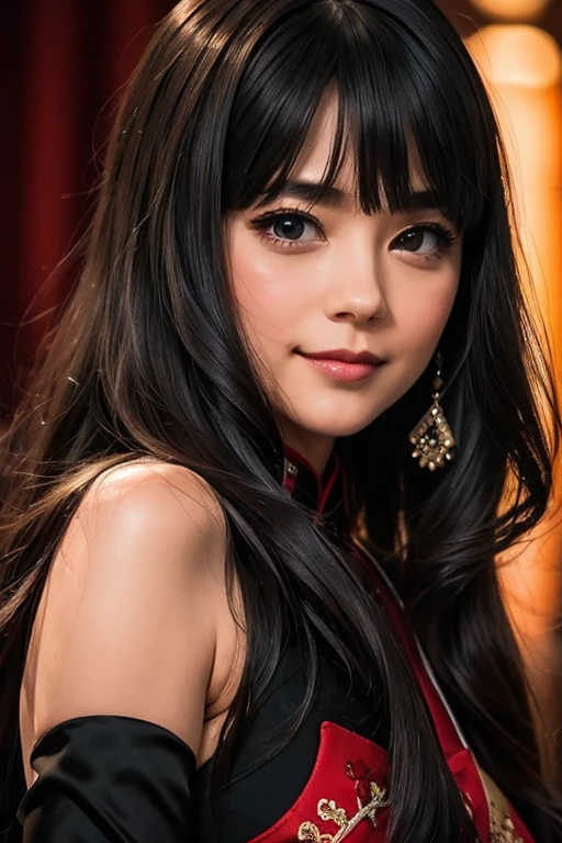 Super detailed、Japanese、charming beauty、seductive adult woman、Beautiful woman、sharp eyes、cool girl、wavy hair、flowing bangs、long black cheongsam、wide sleeve、Evil executives、evil depravity、brainwashing、Mind control、apply lipstick、grin、Evil expression、evil、empty eyes、evil、stage、vampire、vampire、Hypnosia makeup brush