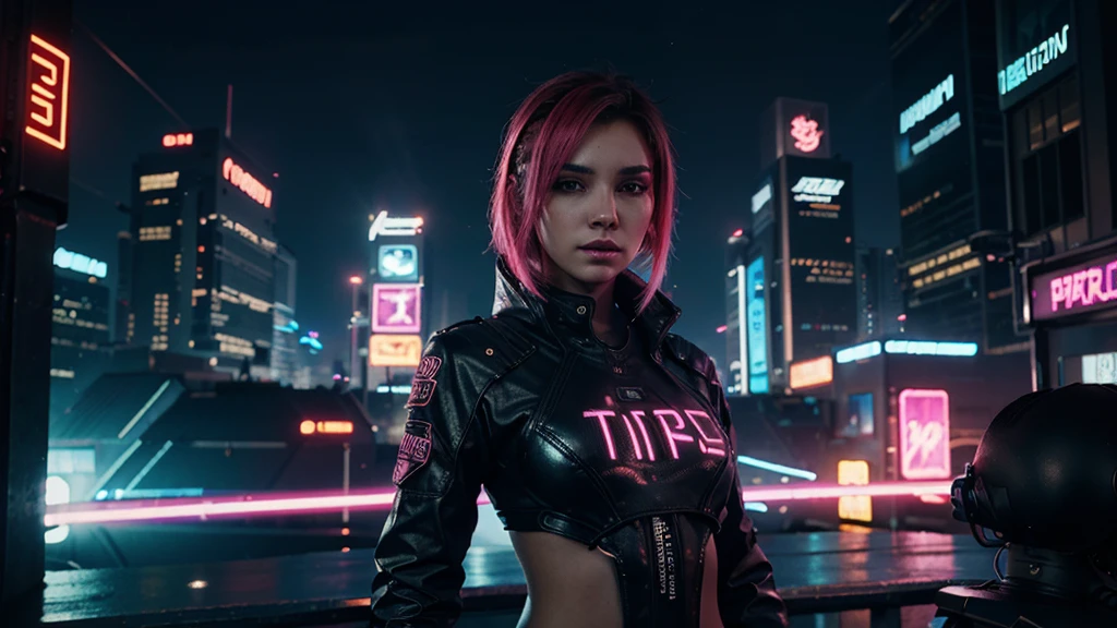 Arte conceitual de personagem para uma garota futurista de anime cyberpunk, with neon-colored hair and high-tech accessories, em um detalhe, dynamic cityscape background, Trending on ArtStation and Pixiv.