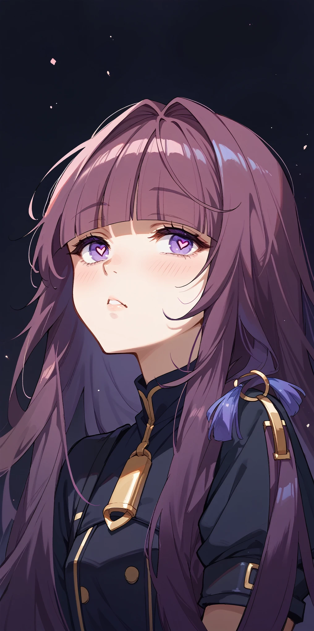 eta, purple hair, blunt bangs, long hair ,delight,extasy,heart shaped pupils
