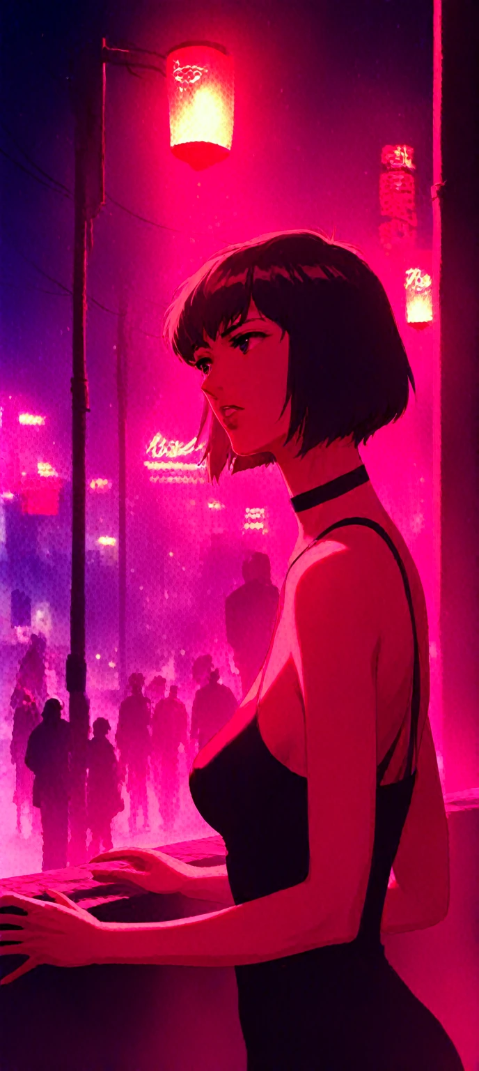 a beautiful young supermodel woman, lean body, bob hair cut, detailed face, (closeup:1.2), gorgeous, undercover agent, (wearing a retro dress:-0.3), city street, (1940s style:1.2), snowy, retro style, aesthetic, night, dim light, retro lighting, gangster, inside a nightclub, smoky foggy background