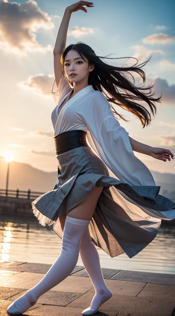 1girl, solo, long_hair, japanese_clothes, black_hair, kimono, headdress, shawl, Very_ Large_breasts, hair_ornament, jewelry, very_long_hair, mountain, cloud, sky, downblouse, very_low_claveage_exposed_half_of_breasts, showing_half_Very_large_breast, (8k, Best Quality, Masterpiece:1.2), (Realistic, Photorealistic:1.37), Ultra Detail, 1 Girl,Cute,Solo,Beautiful Detailed Sky,Date,(Blush),(Smile:1.15),(Closed Mouth)Small Breasts,Beautiful Detailed Eyes,(Long Hair: 1.2),Floating Hair NovaFrogStyle, Upper Body