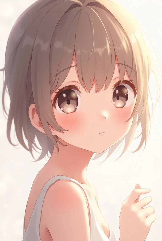 (​masterpiece, face focus:1.3), (8K, Raw photography, Top image quality: 1.4), 10yo kawaii elementary school 1girl looking up and kissing to viewer、(Random hairstyles:1.2)、embarrassed with blush, showing small cleavage of the breast:1.2、perfect closed eyes, Super Detail Face、Eye of Detail、kissy mouth, Bring your chest together、sharp focus:1.2、pretty infant:1.3, cute loli:1.4、light brown hair、top-quality、​超A high resolution、(Photorealistic:1.4)、Highly detailed and professional lighting smile、 Loose and light tanktop、Shoulder out、no bra, erect nipples high beams, serious facial expression、short-haired、Fatal position