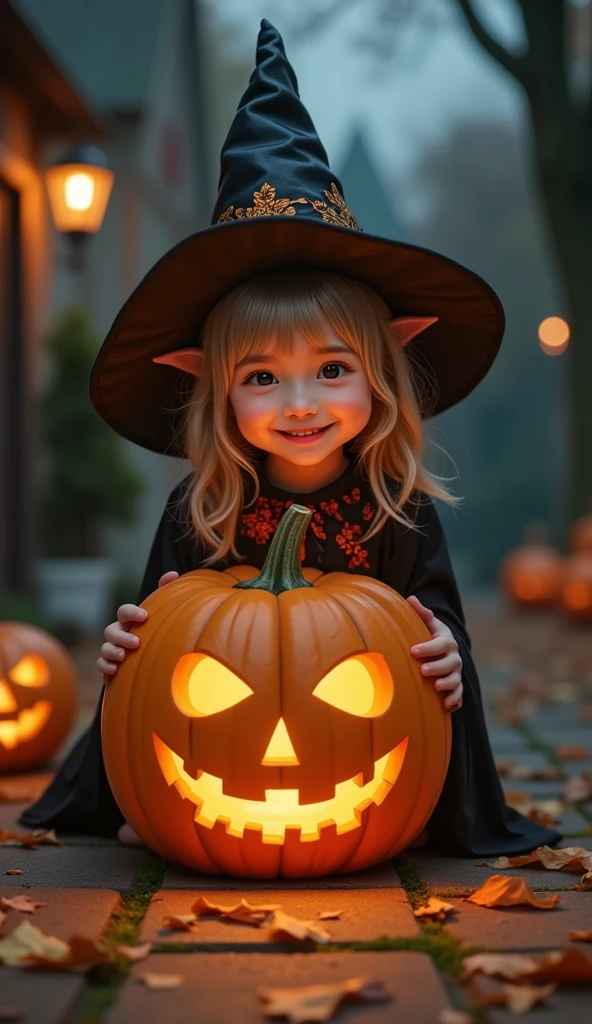 (  best quality、masterpiece、  High Resolution  )、(((Hyperrealism、Realistic photos、RAW Photos)))、Jack O Lantern and Girl、Witch Cosplay、smile:0.2、  Trick or Treat、