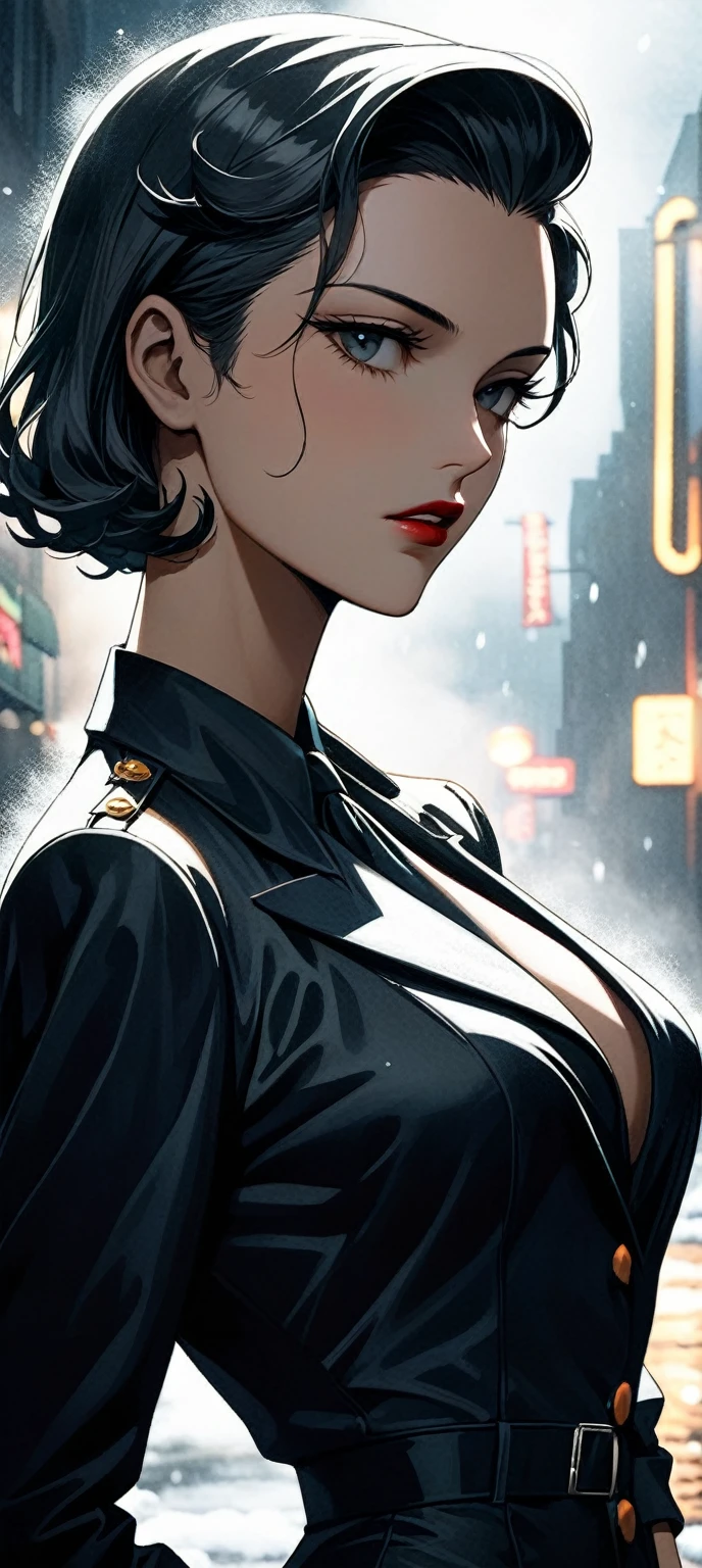 a beautiful young supermodel woman, lean body, bob hair cut, detailed face, (closeup:1.2), gorgeous, undercover agent, (wearing a retro dress:-0.3), city street, (1940s style:1.2), snowy, retro style, aesthetic, night, dim light, retro lighting, gangster, inside a nightclub, smoky foggy background