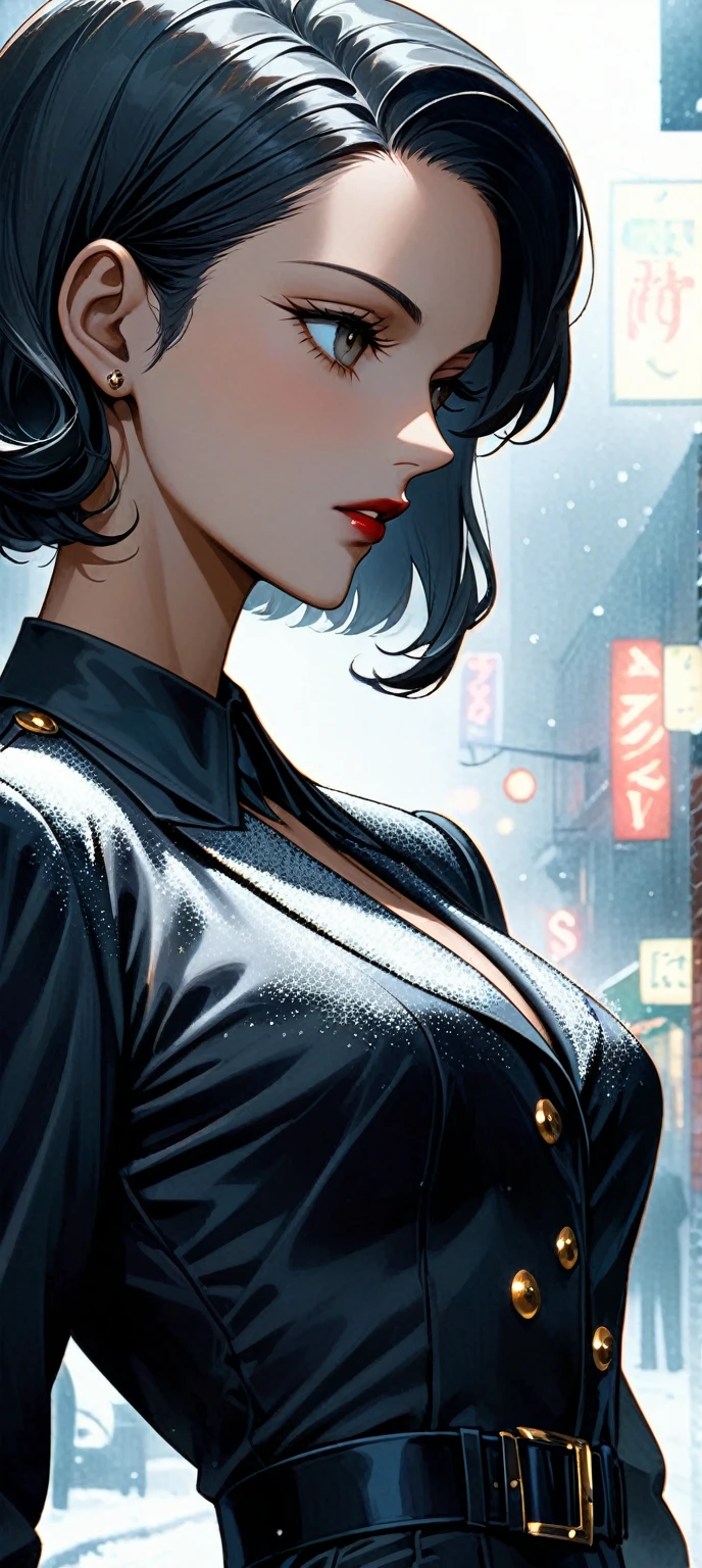 a beautiful young supermodel woman, lean body, bob hair cut, detailed face, (closeup:1.2), gorgeous, undercover agent, (wearing a retro dress:-0.3), city street, (1940s style:1.2), snowy, retro style, aesthetic, night, dim light, retro lighting, gangster, inside a nightclub, smoky foggy background