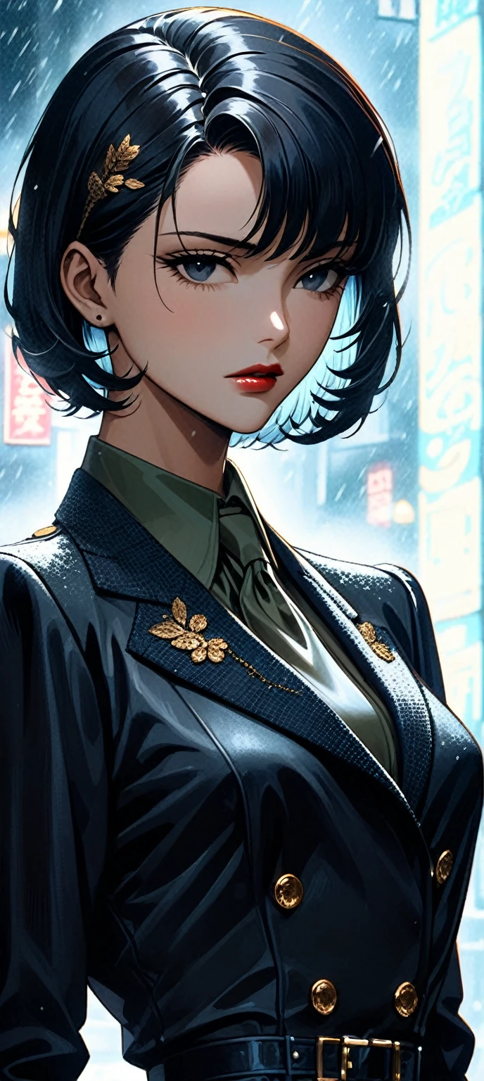 a beautiful young supermodel woman, lean body, bob hair cut, detailed face, (closeup:1.2), gorgeous, undercover agent, (wearing a retro dress:-0.3), city street, (1940s style:1.2), snowy, retro style, aesthetic, night, dim light, retro lighting, gangster, inside a nightclub, smoky foggy background