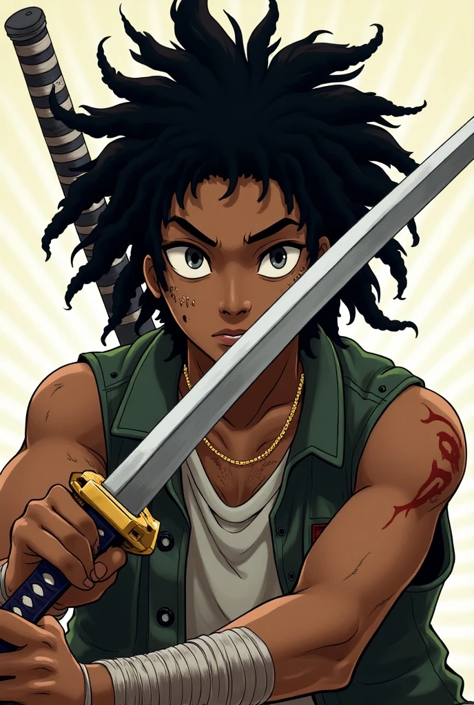 肌肉男,skin black,dark purple hair tone,manto preto high throat,bloody village background,"2D Anime Character Design Inspired by One Piece, dramatic and impressive lighting, impressive face, full of creative details, design 2D ultrafino, scenario bathed in creativity, boasting 2D anime resolution clarity, HD anime graphics, high octane rendering"