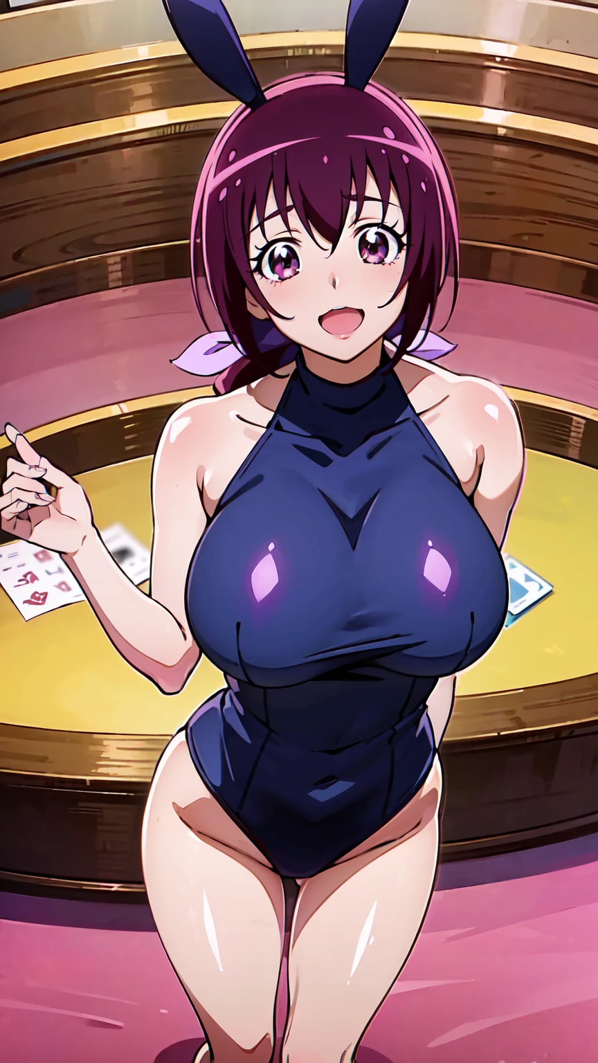  score_9,  score_8_up,  score_7_up, sauce_Anime,  (Anime coloring, Anime screencap:1.2),  flat color , Goddess Magazine,  shiny skin ,  Pretty Cure,Starry Sky Education, mature female, large breasts, purple hair, purple eyes, hair bow, ,(Huge breasts), reverse playboy bunny, black pantyhorse, heart pasties, pink pasties, casino, indoors, looking at viewer, seductive smile, blush, open mouth, from above