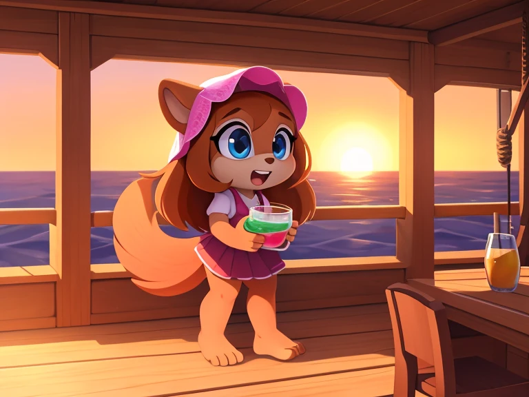 cute anthro cat girl, blue eyes, long blonde hair, small breasts, hard nipples, bikini, open shirt, sitting at tiki bar on beach at sunset, sipping drink with straw, 4k, 8k, highres, masterpiece, ultra-detailed, realistic, photorealistic, HDR, UHD, studio lighting, ultra-fine painting, sharp focus, physically-based rendering, extreme detail description, professional, vivid colors, bokeh, portraits, fantasy, vibrant colors, warm lighting