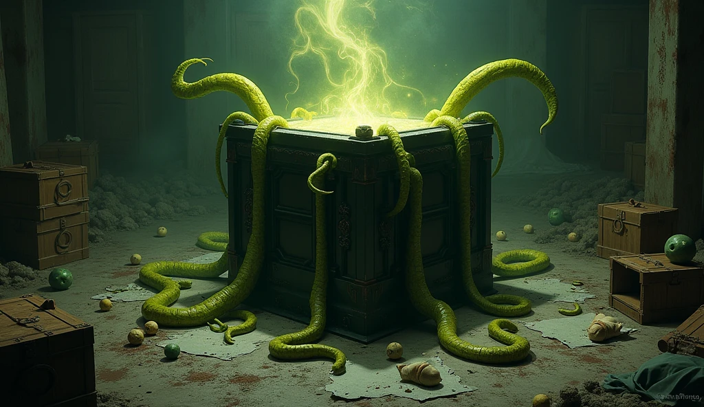 oil painting of an tentacles emerging from the open lid of a (mythos urn:1.3) sitting in a glass display case box in a museum, realistic, (intricate background), art by dgstyle