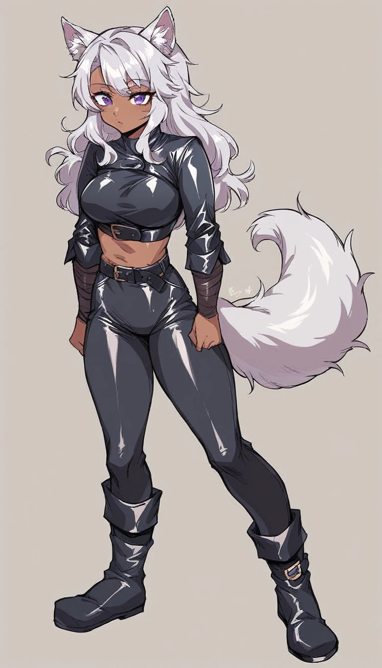 Solo, score_9, score_8_up, score_7_up, wolf girl, long wavy silver hair, dark skin, fluffy tail, defined belly, medium breasts, purple eyes, wearing a black cropped medieval style tight-fitting leather tunic showing her belly, medieval style black tight-fitting leather pants, black boots, sturdy leather belt that wraps around the waist, standing, whole body.