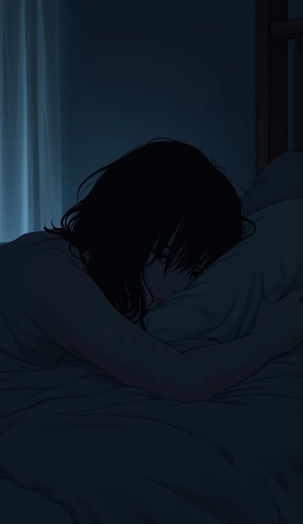 Masterpiece, high resolution, illustration, in style of kyoto animation, Your name is cinematic style, Night, midnight, Light, (1 woman: 1.3), (Solo: 1.4), Long eyelashes, a short bob, nose blush, futon, lying down, ?????, facial closeups, hiding chest with hands, Hiding by hand,