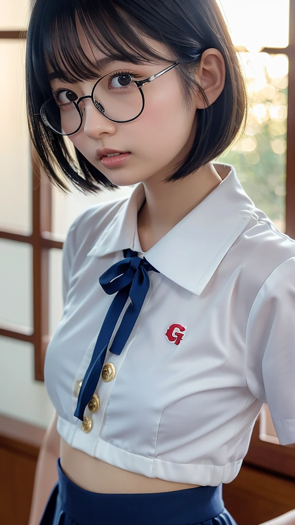 (((Perspective from above:1.8, looking up at camera:1.8))), (((thick white liquid dripping on the face and glasses,:2.0))), (((shool uniform:1.8))), (((eye glass:1.8, student clothes:1.8, Kneeling:1.8))), (school classrooms:1.8), (ssmile:1.8), 1girl in, 独奏, 18year old, 7headed body, Ideal ratio body proportions, erectile nipple, short-hair, A dark-haired, With bangs, small tits, A slender, Small buttocks, beauty legs, Skinny Legs, surrealism, Cinematic lighting, depth of fields, One-person viewpoint, F/1.8, 135 mm, nffsw, masutepiece, ccurate, ((Anatomically correct:1.3)), Textured skin, Super Detail, high details, High quality, awardwinning, Best Quality, hight resolution, 8K