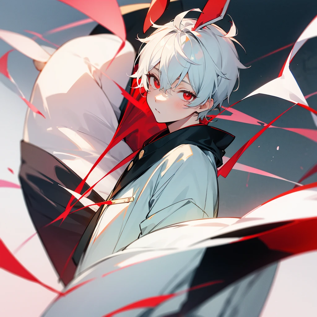 (masterpiece:1.2), (best quality:1.1), ((1boy)), ((solo_man)), ((male_solo)), (small_head), (upper_body:1.4), eyeliner, detailed_face, (white hair:1.3), (long_hair), (undercut), (red eyes:1.2), (happy_smile), (closed_mouth), (arms_behind_back), (standing:1.2), (dynamic_angle:1.0),(expressionless)