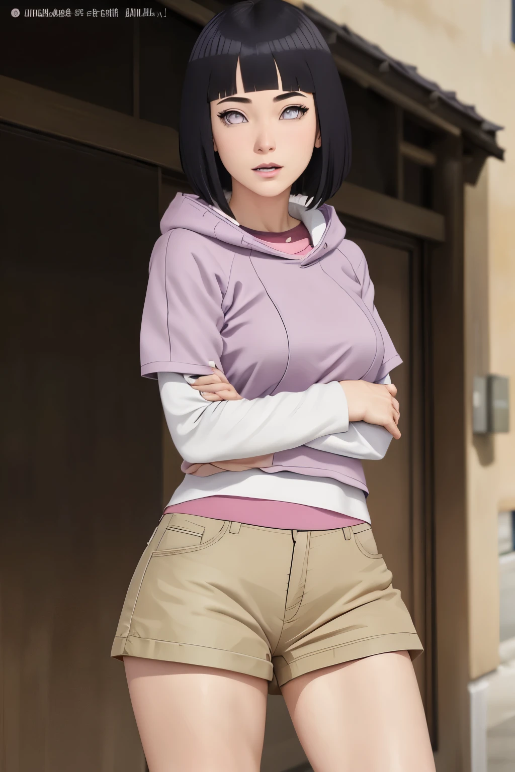 part master, absurdities, Hinata\(boruto\), 1 girl, Alone, mature woman, Purple hood, layered sleeves , brown jeans, outdoor, cloudy sky, Perfect composition, circumstantial lips, big chest, Pretty face, body proportion, Blush, (pink lips), short black hair (by black), lilac eyes, soft appearance, super realistic, circumstantial, photo session, realistic face and body, Realistic hair, realistic eyes, realistic nose, realistic lips, brown jeans, excited, Dancing lightly. on your back, with the chin under the shoulder, looking back sensually, sensual smile, Mouth closed. different pose, Sensual.
