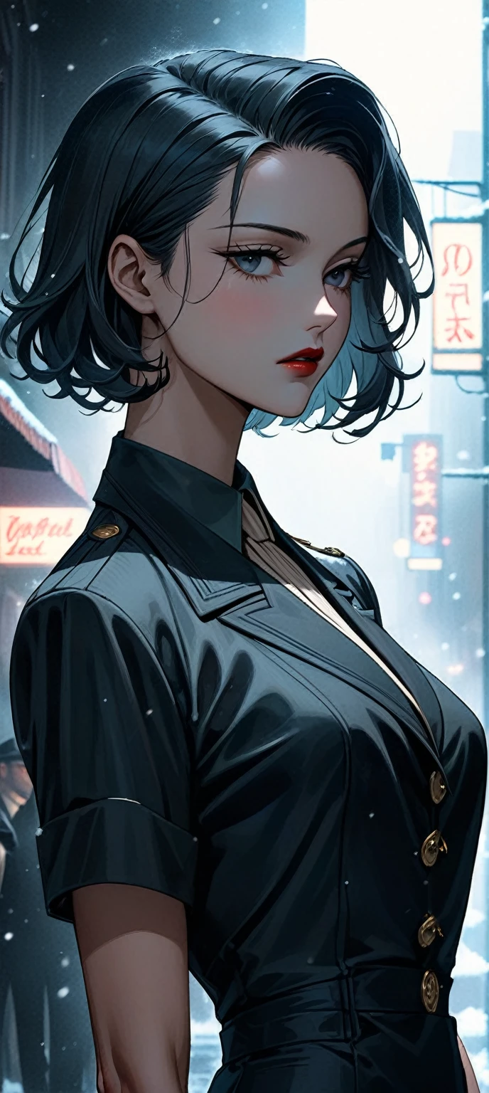 a beautiful young supermodel woman, lean body, bob hair cut, detailed face, (closeup:1.2), gorgeous, undercover agent, (wearing a retro dress:-0.3), city street, (1940s style:1.2), snowy, retro style, aesthetic, night, dim light, retro lighting, gangster, inside a nightclub, smoky foggy background