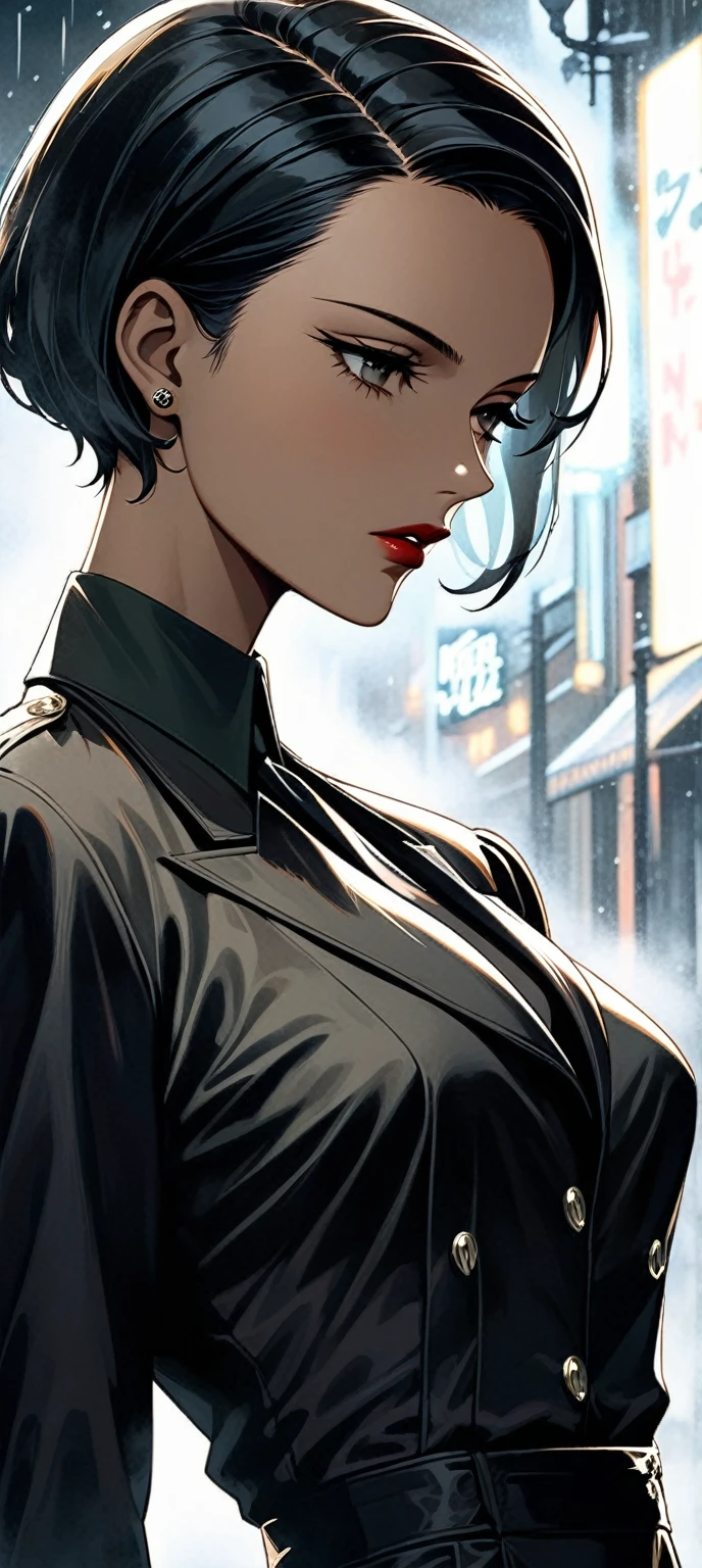 a beautiful young supermodel woman, lean body, bob hair cut, detailed face, (closeup:1.2), gorgeous, undercover agent, (wearing a retro dress:-0.3), city street, (1940s style:1.2), snowy, retro style, aesthetic, night, dim light, retro lighting, gangster, inside a nightclub, smoky foggy background