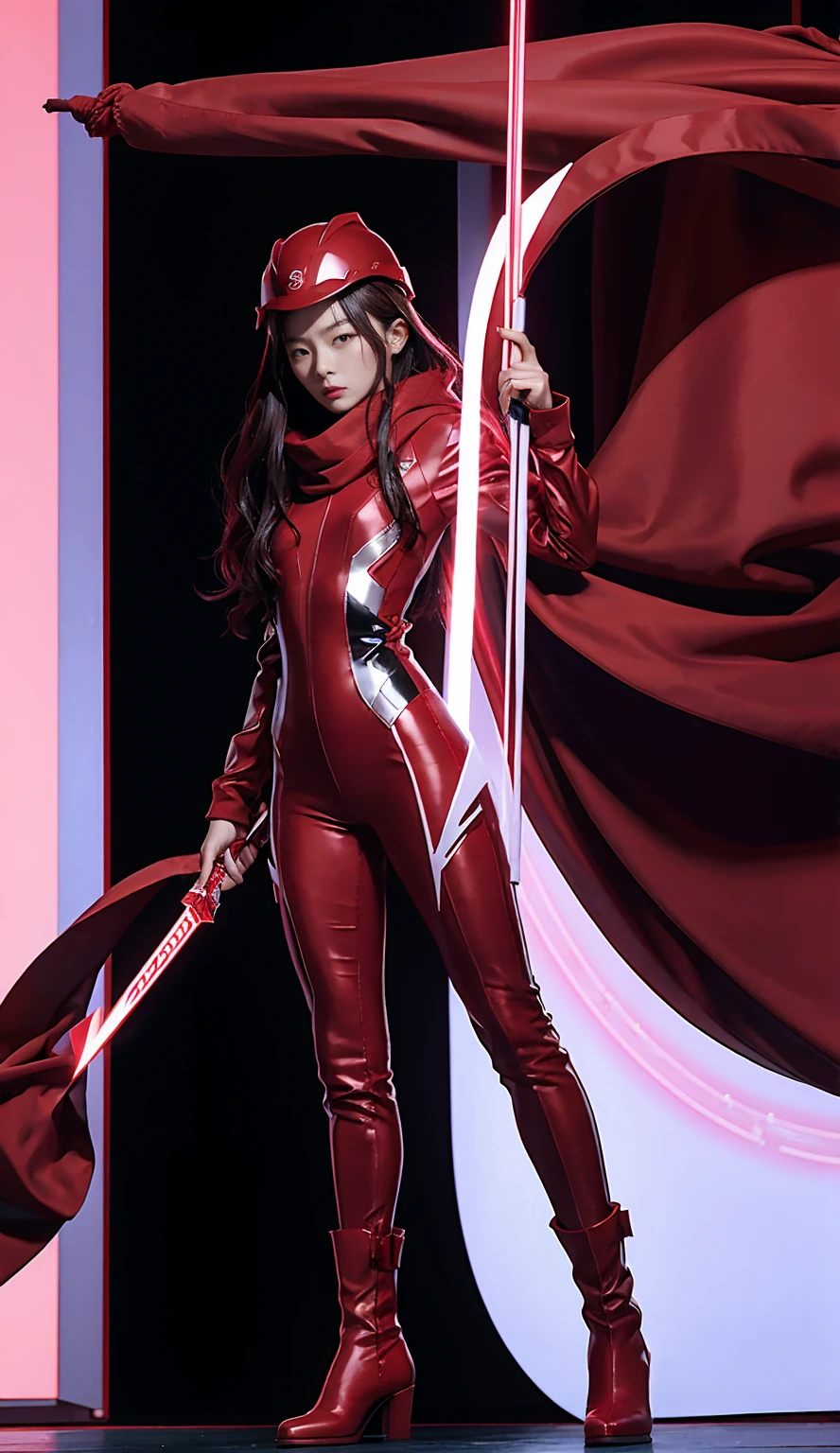 Accurate 、Full Body Photo 、Standing in her full height from head to toe 、Studio background 、 Seulgi from Red Velvet 、Wearing a super tight ruby coloured zero suit 、Ruby zero boots 、Holding a double dagger with an electric effect、Ruby helmet 、Ruby red scarf.