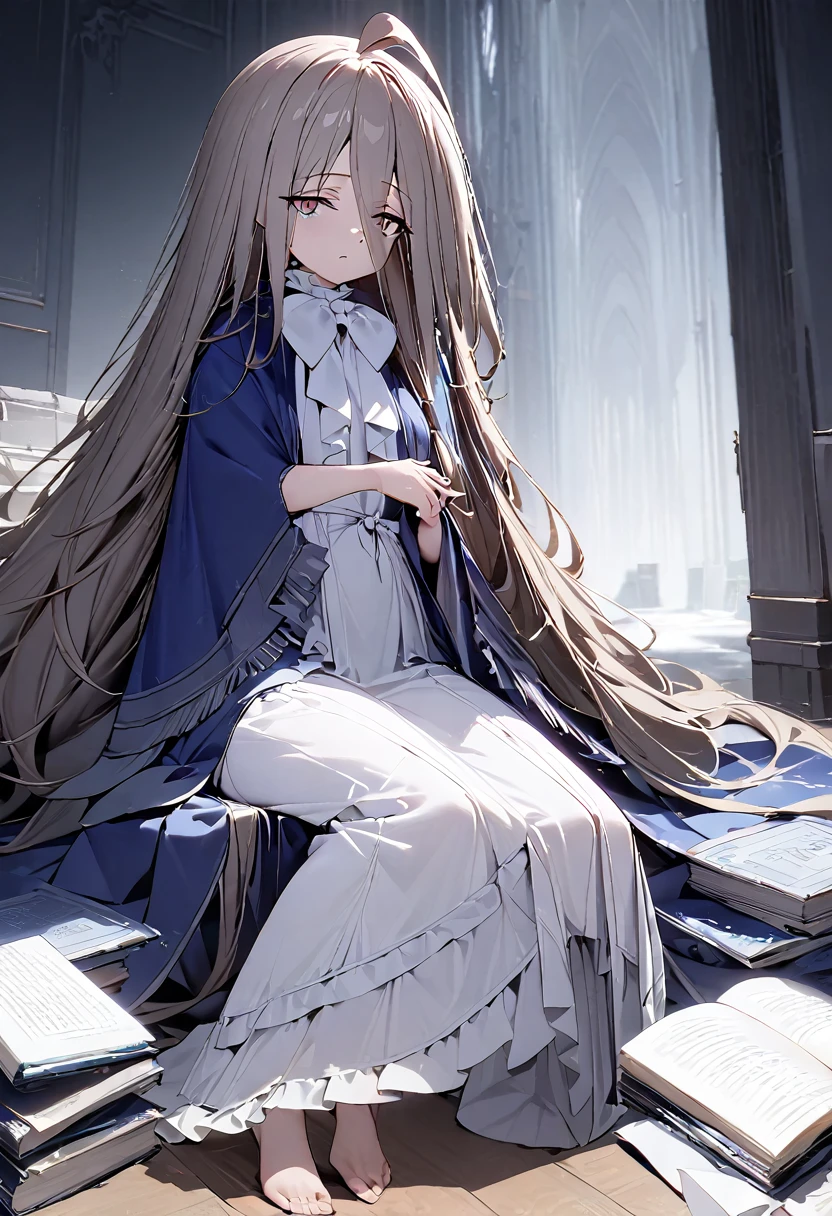 High image quality 、masterpiece、high quality、  High Resolution  、kneel、Grey Hair、long hair that is taller 、Small breasts、delicate、gray saggy 、 tie up long bangs at the ends、 dress with big white bow、Hide your legs with a white dress、 blue cape coat with gray ruffles、Cold Stare、Ahoge、archive、 books are messy