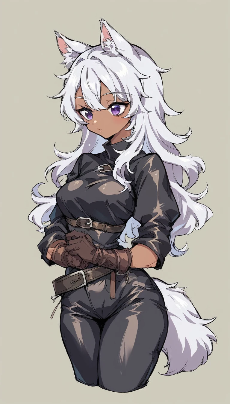 Solo, score_9, score_8_up, score_7_up, wolf girl, long wavy silver hair, dark skin, fluffy tail, defined tummy, medium breasts, purple eyes, wearing a black cropped medieval style tight-fitting leather tunic that show her belly, medieval style black tight-fitting leather pants, black boots, sturdy leather belt, standing, whole body.