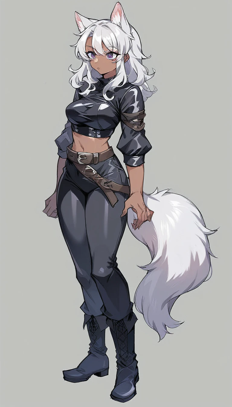 Solo, score_9, score_8_up, score_7_up, wolf girl, long wavy silver hair, dark skin, fluffy tail, defined tummy, medium breasts, purple eyes, wearing a black cropped medieval style tight-fitting leather tunic that show her belly, medieval style black tight-fitting leather pants, black boots, sturdy leather belt, standing, whole body.