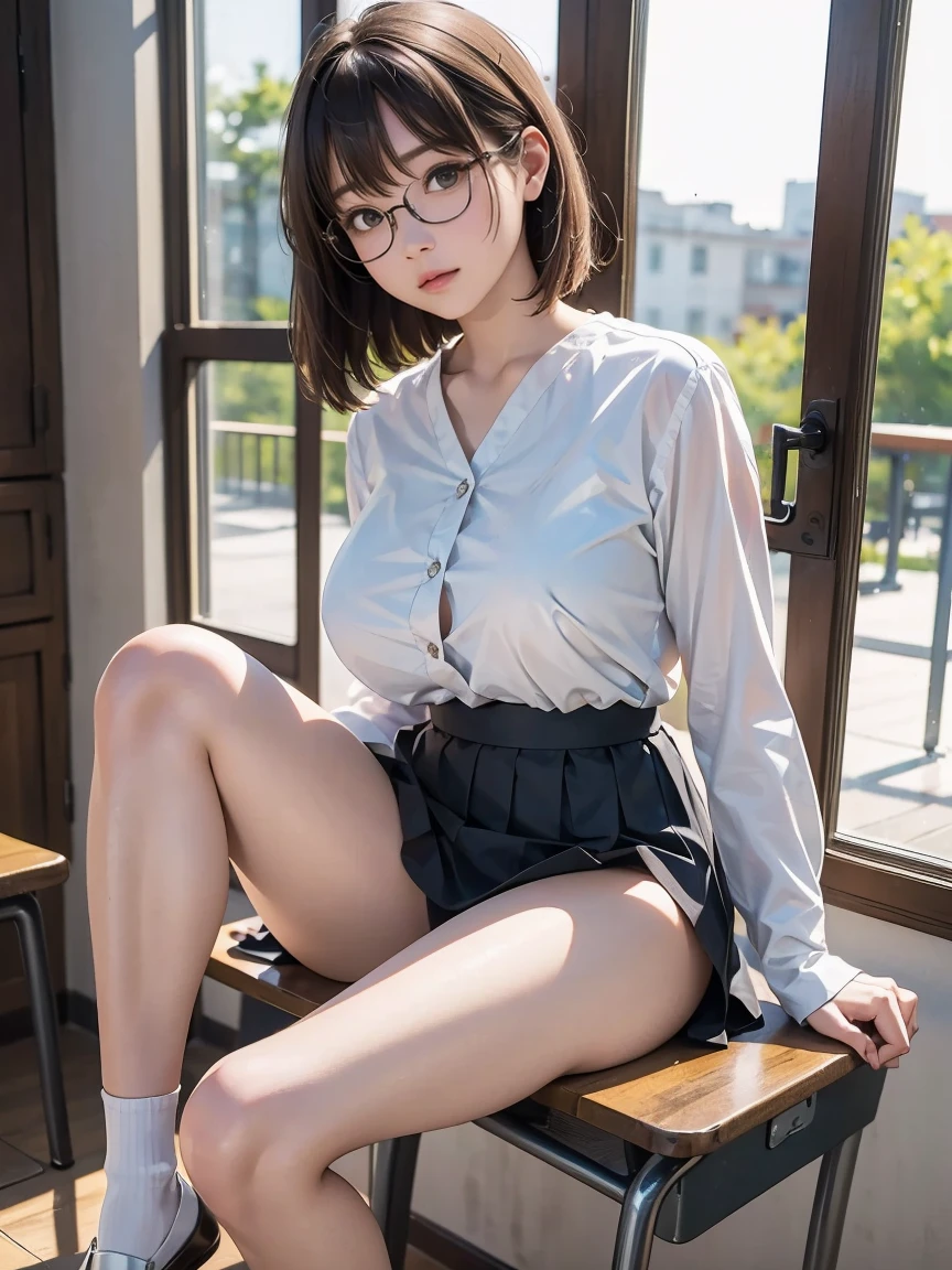 8k, RAW Photos,   best quality, masterpiece, Realistic, Realistic, (1 Ultimate Beauty),( make sure there is only 1 person in the photo)、Japanese women, , (    black short bob hair    ),   plump body  ,   black eyes  ,(  wear rimless glasses  )   Japanese schoolgirl uniform, ( A woman wearing a white Y-shirt with an open chest ), Huge breasts, Light grey pleated skirt,  Sit on a chair with your legs apart,   panties are visible、 Seductive Poses  , Full Body Shot,   sensual look,   In the classroom