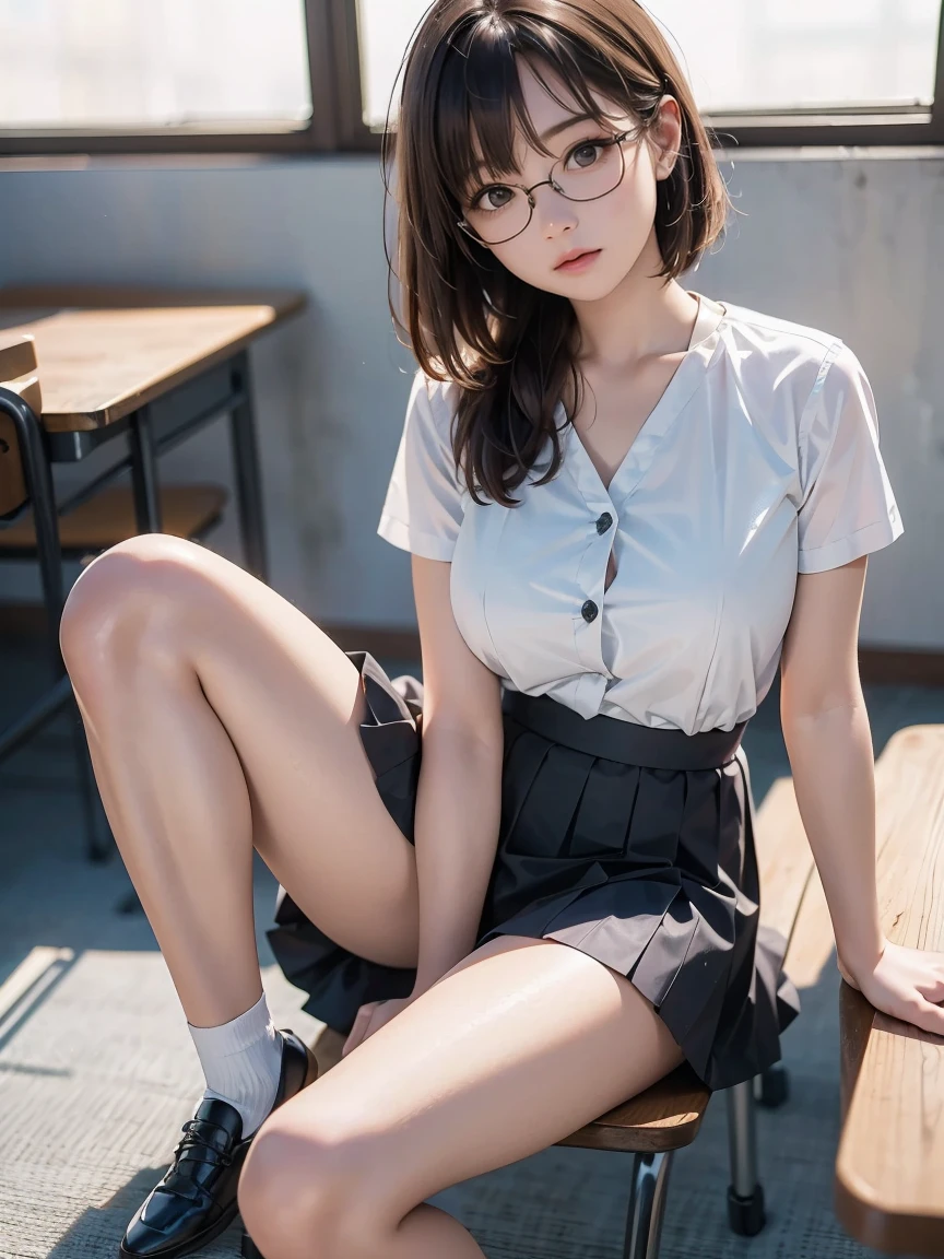 8k, RAW Photos,   best quality, masterpiece, Realistic, Realistic, (1 Ultimate Beauty),( make sure there is only 1 person in the photo)、Japanese women, , (    black short bob hair    ),   plump body  ,   black eyes  ,(  wear rimless glasses  )   Japanese schoolgirl uniform, ( A woman wearing a white Y-shirt with an open chest ), Huge breasts, Light grey pleated skirt,  Sit on a chair with your legs apart,   panties are visible、 Seductive Poses  , Full Body Shot,   sensual look,   In the classroom