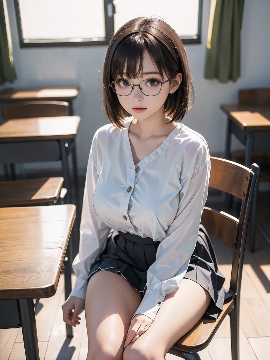 8k, RAW Photos,   best quality, masterpiece, Realistic, Realistic, (1 Ultimate Beauty),( make sure there is only 1 person in the photo)、Japanese women, , (    black short bob hair    ),   plump body  ,   black eyes  ,(  wear rimless glasses  )   Japanese schoolgirl uniform, ( A woman wearing a white Y-shirt with an open chest ), Huge breasts, Light grey pleated skirt,  Sit on a chair with your legs apart,   panties are visible、 Seductive Poses  , Full Body Shot,   sensual look,   In the classroom