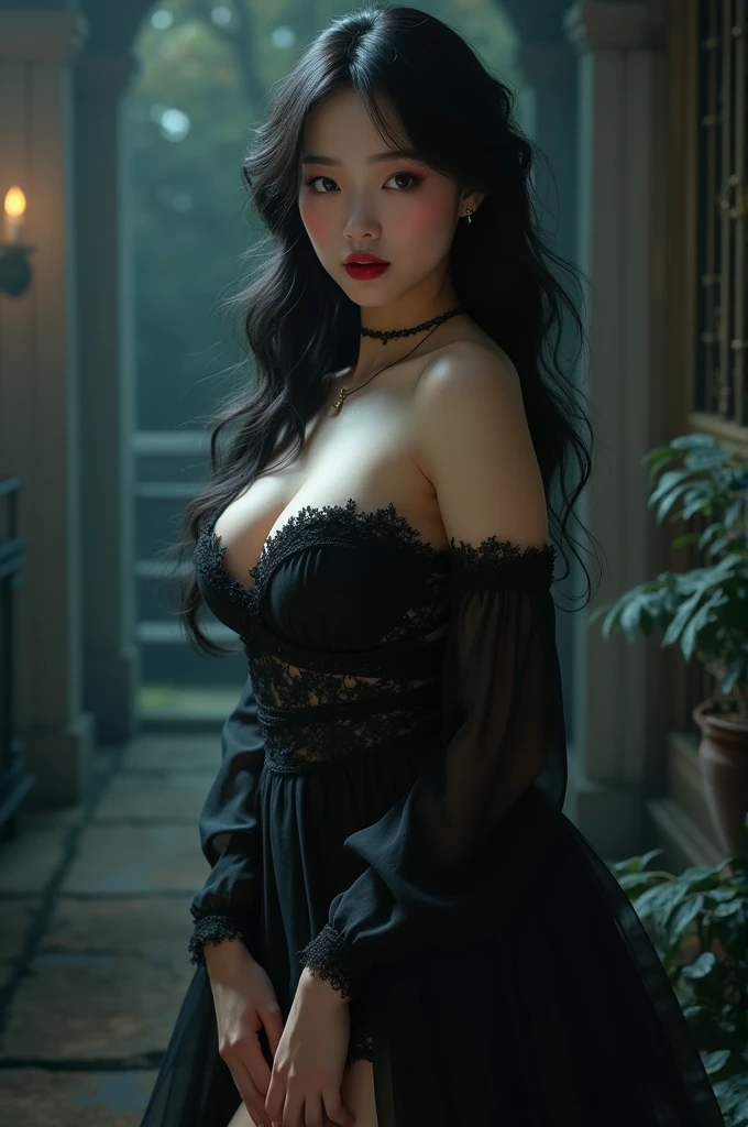 ((obra de arte, mais alta qualidade, A mais alta qualidade de imagem, high resolution, fotorrealista, foto crua, 8k)), 1 garota, thicc, huge tits, sexy gothic girl, Rosto fino, olhos detalhados, series A