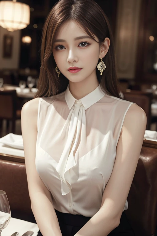 masterpiece, highest quality, Realistic, Very detailed, Finer details, High resolution, 8k wallpaper, One beautiful woman, Wear an elegant see-through blouse, In a great restaurant, At night, Light brown messy hair, Perfect dynamic composition, Beautiful and beautiful eyes、Big earrings、Sitting in a chair、Sleeveless shirt、