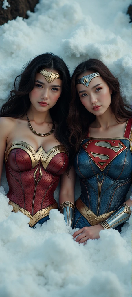Supergirl, Mini skirt, sexy, black hair long straight, sexy, Japan person, supergirl suit with visible breasts, belly button out