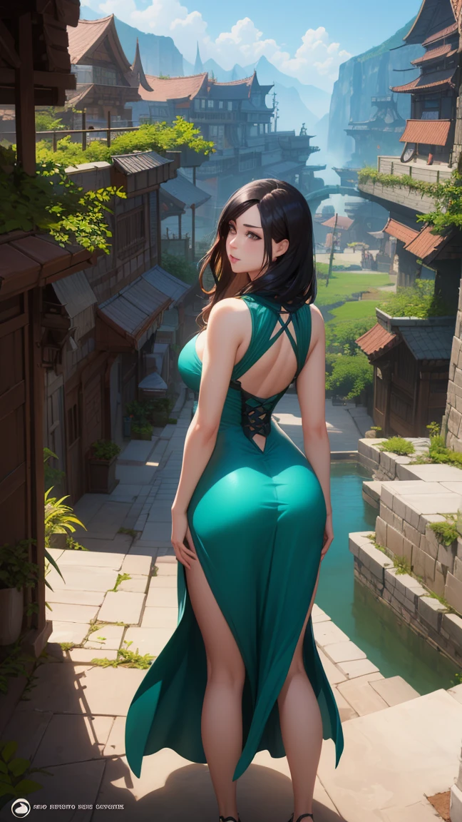  a cartoon of a woman with a big ass wearing a green dress, Concept art by Ryan Yee ,  winner of the Artstation , fantasy art, cutesexyrobutts, read the wlop, WLOP RossDraws, Ross Tran.  Scenic background, WLOP y Rossdraws, WLOP Art, guweiz,  extremely detailed germ art 