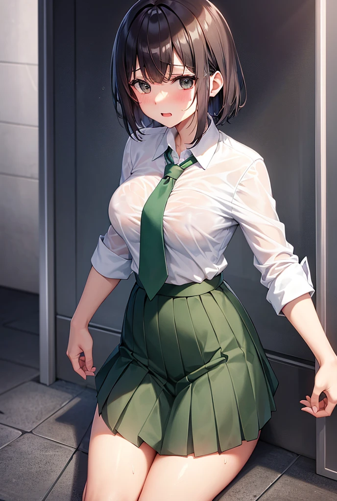 masterpiece, Highest quality, High resolution, MyMiku, short hair, teeth, , Red Bow,(Idol Costumes), Cowboy Shot, anger, Are standing, locker room,Shirt open,Skirt up to the belly button,(Pussy in full view),Sweat,Creampie,semen