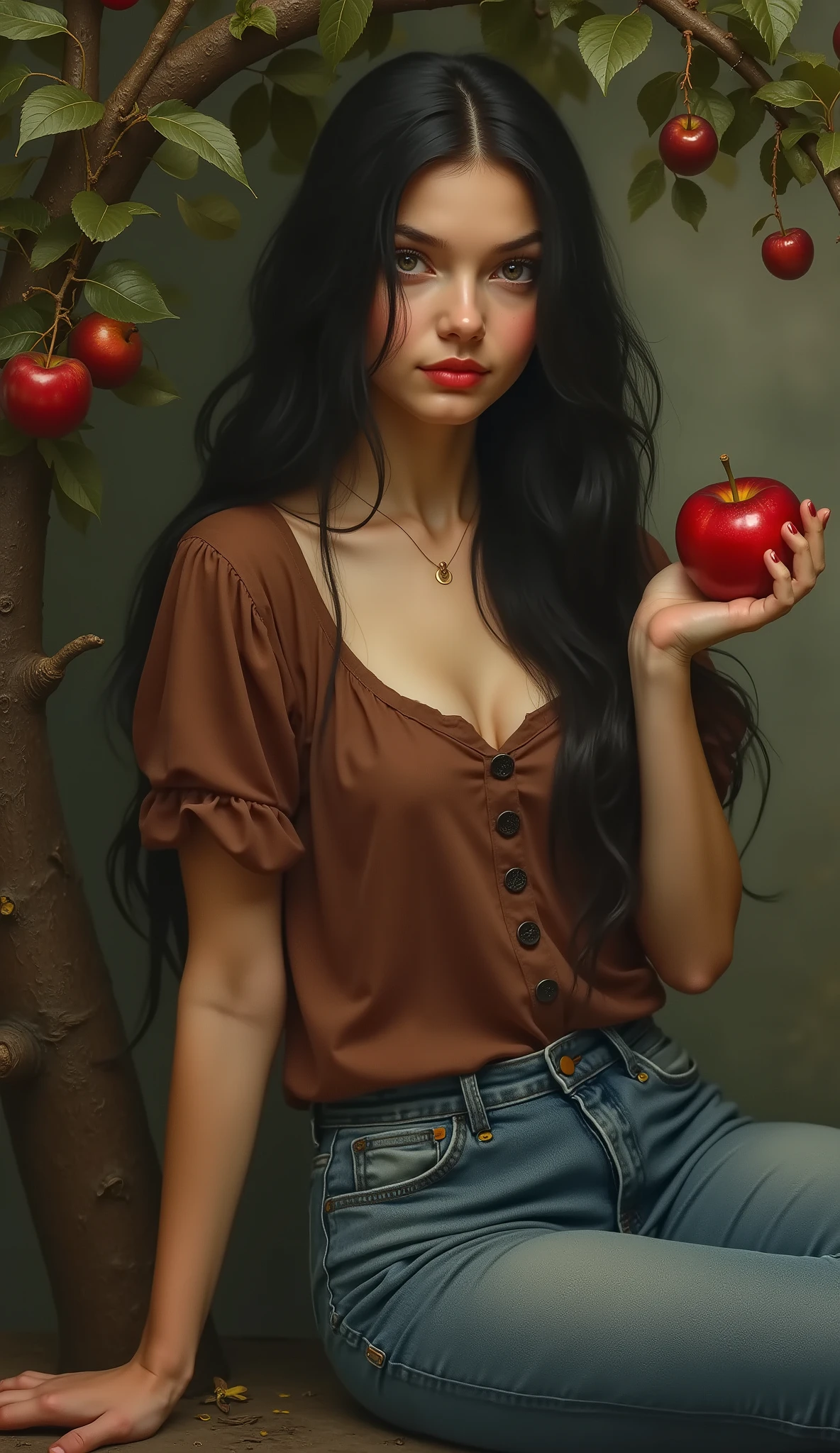 painting of a naked woman with small breasts sitting in a chair surrounded by apples, karol bak uhd, goddess of nature, queen of nature, nature goddess, inspired by Ruth Sanderson, by Alexander Kucharsky, stunning woman, persephone, fairytale artwork, gorgeous lady, gorgeous woman, darrell k sweet, inspired by Alison Kinnaird, beautiful digital artwork, amazing art, on her throne