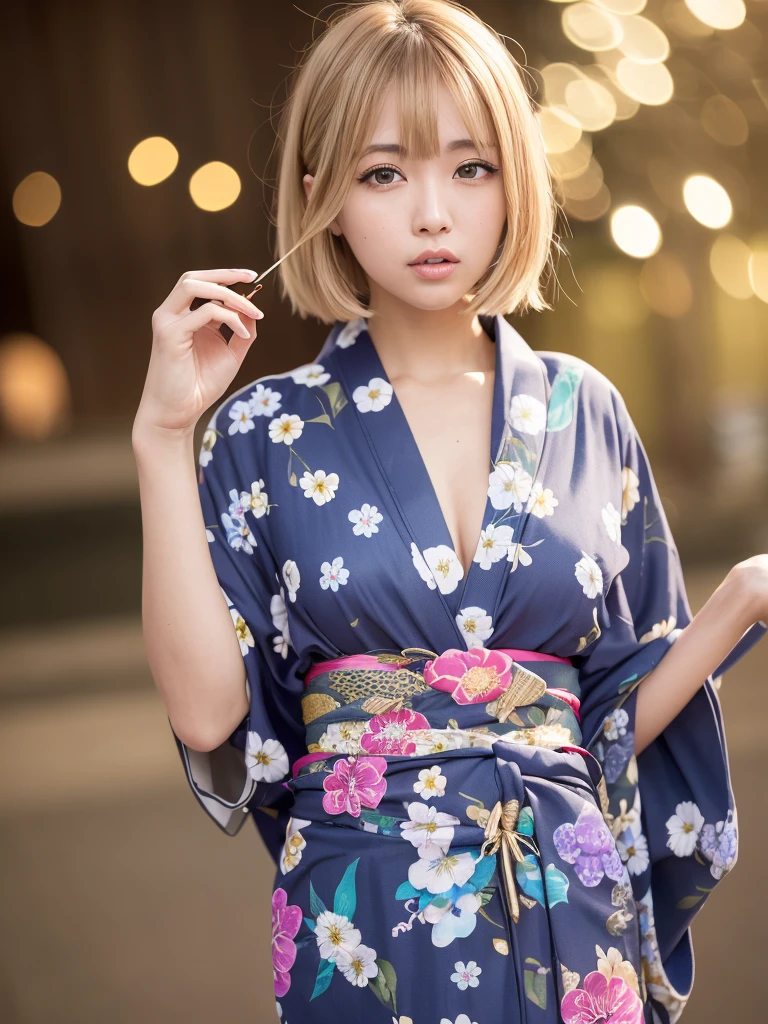 Sit back and watch the fireworks display, spread legs,Woman in blue and white yukata, blondehair,Gorgeous Japan Woman, sexy look at the camera, Good Young H Cup Bust Girl