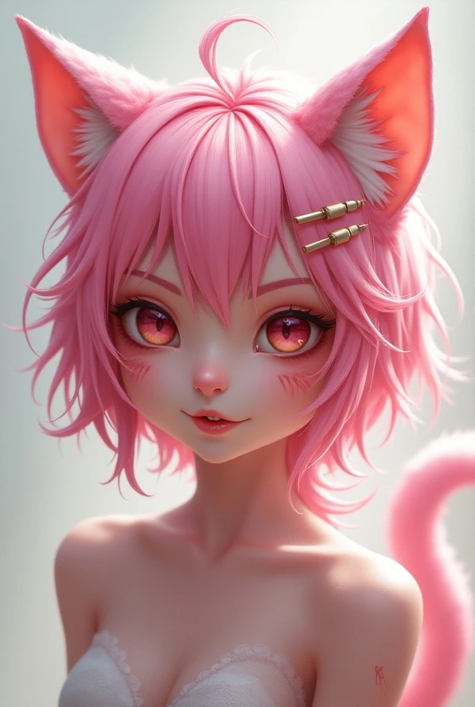 feline, mammal, anthro, anthromorphic, leopard, fur, furred_anthro, female, female, bangs, ear_tufts, black_nose, paws, hair_tuft, hair_between_eyes, long_tail, fluffy, feline_ears, expressive_eyes, pink_hair, light looking_at_viewer, pink_fur, shy, small_pupils, skeleton_pattern, digital_art, high_resolution, high_res, pastel_background, pigtails_hair, pink_hair, half_skeleton_pattern, one_ear_skeleton