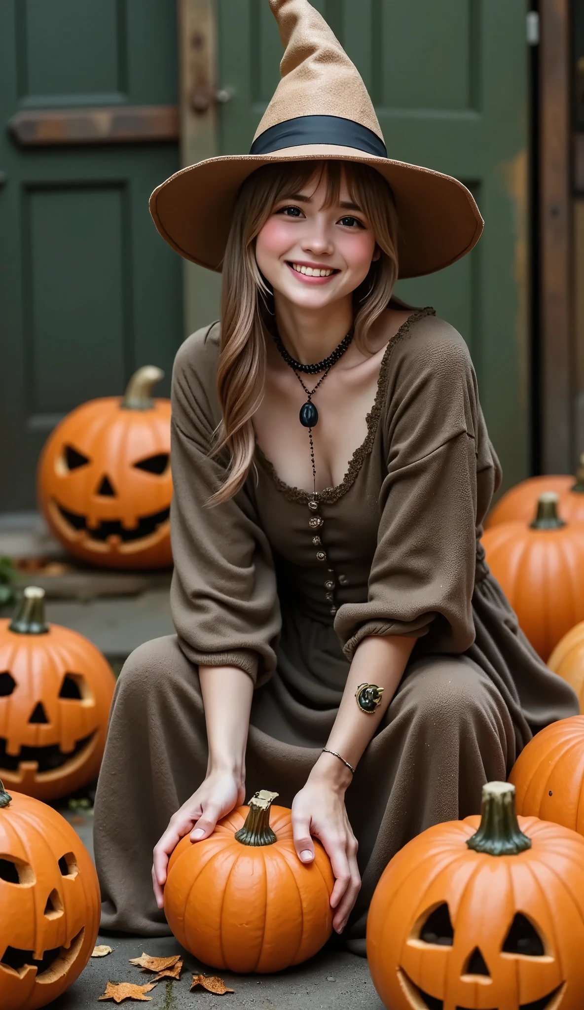 (  best quality、masterpiece、  High Resolution  )、(((Hyperrealism、Realistic photos、RAW Photos)))、Dirty Pumpkins 、Jack O Lantern and Girl、Witch Cosplay、 Perfect Anatomy、２０Woman of age、(((smile:0.2)))、  Trick or Treat、